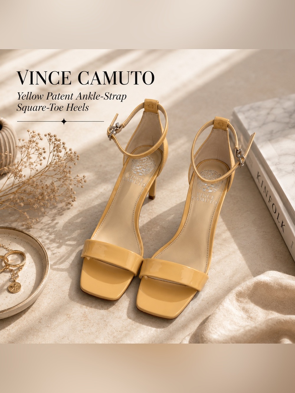 Vince Camuto Yellow Patent Ankle-Strap Square-Toe Heels